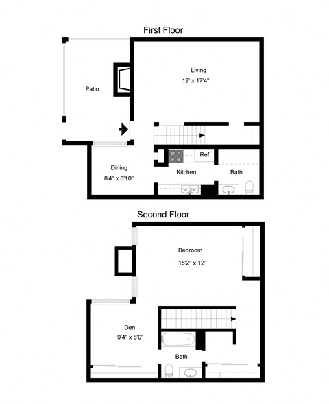Floor plan for 1 bed, 1.5 baths, 956 sqft